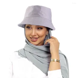 Berets Muslim Women Bucket Hat With Chiffon Hijabs Bonnet Ready To Wear Instant Hijab Islam Headscarf Shawls Wrap Turban Headwear
