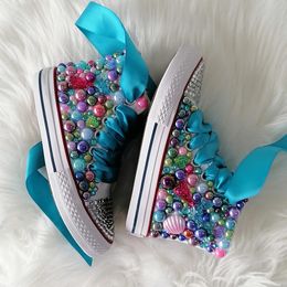 Handmade Rhinestones Bling Girls Womens Kids And Mother Candy Canvas Shoes Pearls Sneakers For Girl Birthday Party Wedding 240329