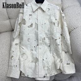 Women's Blouses 3.25 KlasonBell 2024 Distressed Jacquard Blouse Fit Sheer Mesh Spliced Lapel Collar Long Sleeve Casual Shirt