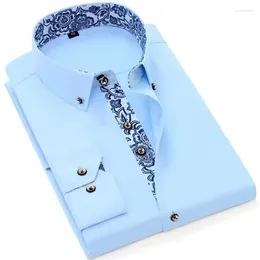 Men's Casual Shirts Blue-and-white Porcelain Collar Dress Shirt Men Long Sleeve Korean Slim Fit Office Business Solid Color White Navy Blue