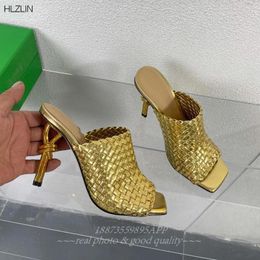 Slippers 2024 Early Spring Fashion Square Head Super High With Women's Woven Metal Stiletto Sandals