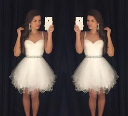 2019 Little White Homecoming Dresses Spaghetti Straps With Beads Tulle Cocktail Dresses Formal Party Dresses Prom Gowns For Women3676368