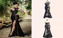 Selling Beading Sexy Black Split Lace Evening Dress Split Long Prom Mermaid Gowns Custom Made High Neck Sleeveless Sequins Lac5918397