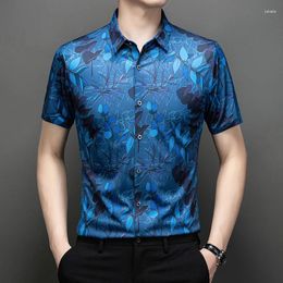 Men's Casual Shirts Floral Printed Mulberry Silk Blends For Men Short Sleeved Summer High Quality Smooth Comfortable Camisas De Hombre