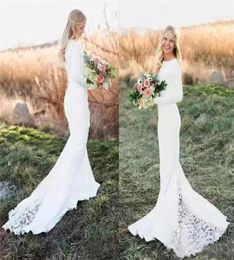 Country Style Satin Mermaid Wedding Dresses Modest Lace Appliqued with Long Sleeves Court Train Muslim Wedding Bridal Gowns7386605