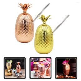 Disposable Cups Straws 2 Sets Tumbler Lid Drink Cup Bar Straw Stainless Steel Pineapple Hawaii Gifts