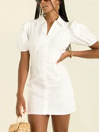 Party Dresses Summer Women Lapel Short Puff Sleeve Button Up Cotton White Shirt Dress Streetwear Back Waist Cut Out Bodycon Mini