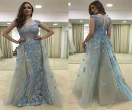 ALine Round Neck Cap Sleeves Light Blue Tulle Prom Dress with Beading 3D Flowers Evening Dress3502557