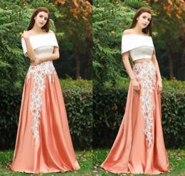 Real Image Two Piece Prom Dresses Bateau Neck Short Crop Top Appliques Satin Floor Length White Orange Cheap Evening Gowns Party D3342655