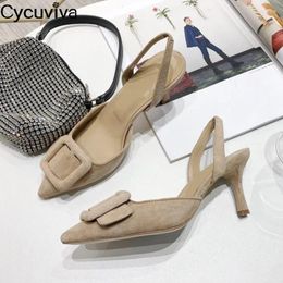 Sandals Square Buckle High Heels For Women Pointy Toe Suede Slingback Designer Brand Summer Dress Party Shoes Woman Pumps