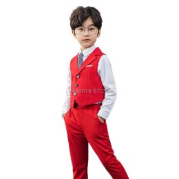 Trousers Flower Boys Formal Vest Pants 2pcs Suit School Kids Weeding Birthday Dress Children's Day Chorus Show Piano Performance Costume