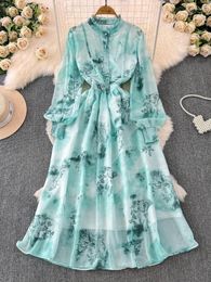 Casual Dresses Women French Printing Chiffon Dress Spring Autumn Stand Collar Button Slim Long Ladies Bubble Sleeve Floral Robe