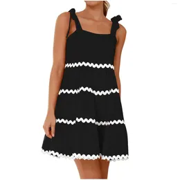 Casual Dresses Women's Summer Swing Mini Dress Spaghetti Straps Sleeveless Backless Striped Printing Plus-size Vestido