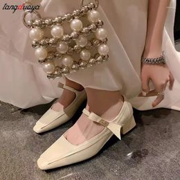 Dress Shoes 2024 Women Mary Jane Fashion Square Toe Shallow Ladies Elegant Single Leather Heel Sandal