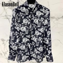 Women's Blouses 3.14 KlasonBell 2024 Rose Flower Pattern Blouse For Women Silk Print Hidden Breasted Long Sleeve Temperament Shirt