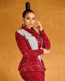 Women's Two Piece Pants Red Sequins Silver Appliques Women Suits 2 Pieces One Button Blazer Slim No Lapel Plus Size Tailored Mother Of The