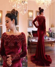 2019 Arabic Dubai Burgundy Velvet Evening Dress with Beaded Collar Long Sleeves Formal Holiday Wear Prom Party Gown Custom Made Pl8624268