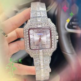 President Military Men Women Watches Shiny Starry Full Diamonds Ring Stainless Steel Clock Quartz Roman Number Dial Time Square Face Chain Bracelet Watch Gifts