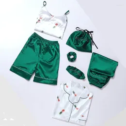 Home Clothing Brand Women's 7 Pieces Pajamas Sets Satin Silk Lingerie Homewear Sleepwear Pyjamas Suits Pijamas For Ladies With Chest Cushion