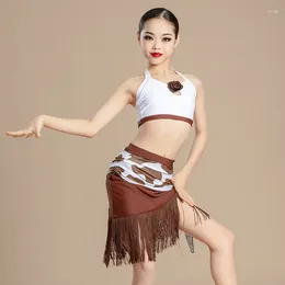 Stage Wear 2024 Kids Performance Dancing Dresses For Girls Halter Latin Top Tassels Skirts Child Samba Chacha Tango Dancewear XS7654