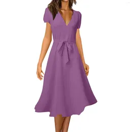 Casual Dresses Women's Fashionable And Sexy Solid Color V-Neck Dress With Slim Fit Tie Up Big Swing Skirt A-line Ropa De Mujer