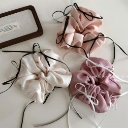 New French Large Scrunchie Hair Circle With Silk Ribbon Bow Knot Women Hair Loop Ring Ponytail Braid Headband Accessories