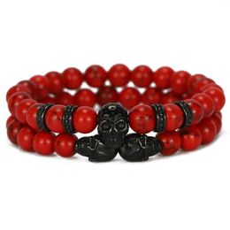 Charm Bracelets Artificial Red Line Natural Stone Beads Luxury Stainless Steel Skull Charms Men Bracelet For Bangles Jewellery