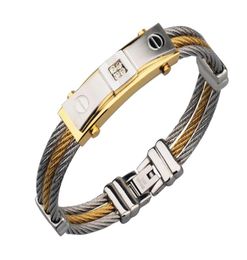 Gold Colour Cable Men Charm Bracelets Bangles Titanium Steel New Men Fashion Jewelry3151815