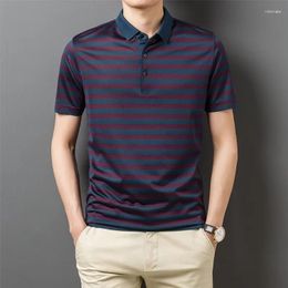 Men's Polos 2024 Mulberry Silk Striped Polo Shirts Luxury Summer Short Sleeve Male T-shirts Seamless Business Casual Man Tees 3XL