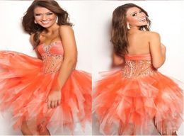 On selling beaded sheer tulle mini ruffle orange graduation dresses formal girls party gown cheap short prom dress7026868