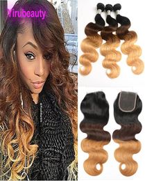 Peruvian Virgin Ombre Human Hair with Closure Ombre Body Wave 3 Bundles with Lace Closure 1B427 BlackBrownBlonde4023117
