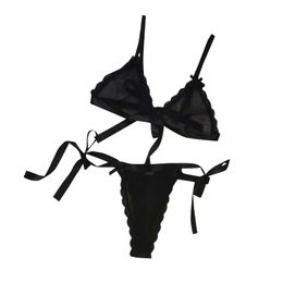 Women Bra Thong Underwear Set Black Sexy Bowknot Transparent Mesh Lace Low Cut Lingerie Porn Ultra-Thin Babydolls Erotic Costume