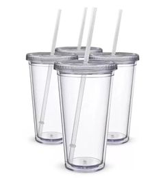 16oz Plastic Tumblers Double Wall Acrylic Clear Drinking Juice Cup With Lid And Straw Coffee Mug DIY Transparent Mugs FY53913158840