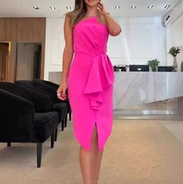 Casual Dresses Elegant Style 2024Summer Women Mid Length Dress Sleeveless Solid Colour Strapless Ruffled Edge Patchwork Slit A-Line Skirt