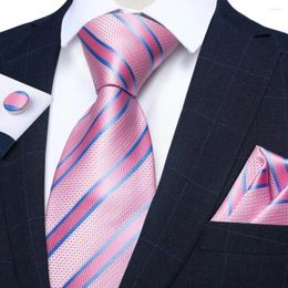 Bow Ties Fashion Pink Striped Silk For Men Wedding Accessories Classic 8cm Wide Neck Tie Set Pocket Square Cufflinks Gift