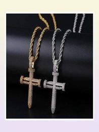 hip hop nail cross diamonds pendant necklaces for men luxury crystal pendants copper zircons 18k gold platinum plated lovers chain7372019