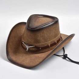 Berets 2024 Leather Western Casual Cowboy Hat Men Wide Brim Gentleman England Style Jazz Cap Cowgirl Hats Sombrero Hombre