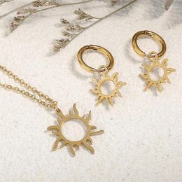 Necklace Earrings Set Nature Stainless Steel Sun-Shape Pendant And For Women Trend Charm Birthday Party Gifts