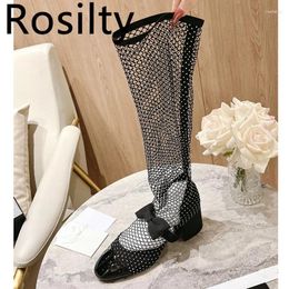 Dress Shoes Crystal Sweet High Heel For Women Bowknot Mesh Mary Janes Boots Square Heels Knee Designer Party Pumps