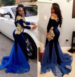 2018 Black Girls South African Prom Dresses Off The Shoulder Mermaid Long Sleeve Prom Dress Fashion Velvet Golden Lace Applique Pa8120236