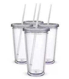 16oz Plastic Tumblers Double Wall Acrylic Clear Drinking Juice Cup With Lid And Straw Coffee Mug DIY Transparent Mugs FY53914641902