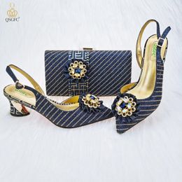 Dress Shoes QSGFC Latest Navy Blue Color Atmospheric Low-key Luxury Pattern With Rhinestones Party Ladies And Bag Set