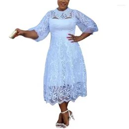 Ethnic Clothing African Lace Dresses For Women In Puff Sleeve Robes 2024 Summer Fashion Sexy Hollow Streetwear Midi Dress