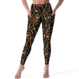 Active Pants Chains Yoga Female Leather Belt And Bead Print Leggings Push Up Aesthetic Legging Stretch Graphic Gym Sports Tights