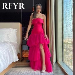 Party Dresses RFYR Fuchsia Arabia Prom Off The Shoulder A-Line Gowns Tiered Tulle Leg Slit Floor Length Dubai Formal