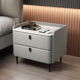 Nordic Solid wood bedside table simple modern soft bag leather storage cabinet home bedroom light luxury rock panel Nightstand