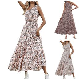 Casual Dresses Bohemian Summer Dress Women Knot One Shoulder Sleeveless Boho A Line Robe High Waist Floral Print Tiered Beach