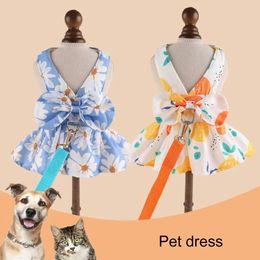 Cute Dog Dress Summer Outdoor Activities And Leash Set with Bowknot Decoration Pet Cat Princess for Spring 240411