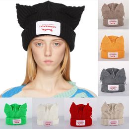 Loverboy Cat Ear Knit Hat solid Warm Pig Ear Woollen Hat Cute Fashion Hooded Cap Niche Design Hip-hop Personality Cold Hat 240414