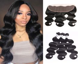 Brazilian Body Wave Human Virgin Hair Weaves with 13x4 Lace Frontal Full Head Natural Color3337364